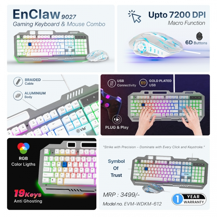 EVM EnClaw Wired Gaming Keyboard and Mouse Combo - RGB Backlit - 7200 DPI Adjustable Gaming Mouse - Strong Metallic Build with Braided Cable (EVM-WDKM-612-S)