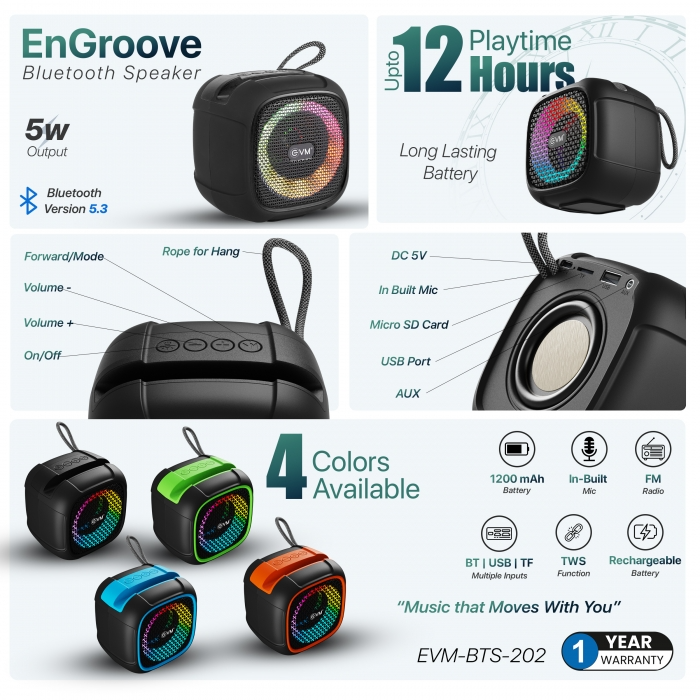 EVM EnGroove BTS-202 Bluetooth Speaker 5 W Bluetooth Speaker  (Black, 5 Way Speaker Channel)