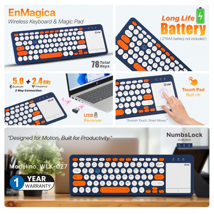 EVM EnMagica Wireless Keyboard 2.4G + Bluetooth 5.0, 78 Keys, Lightweight, USB Receiver, Dual-Mode, Customized Layout, Battery Powered - for Home, Office, Travel -  (EVM-WLK-027)