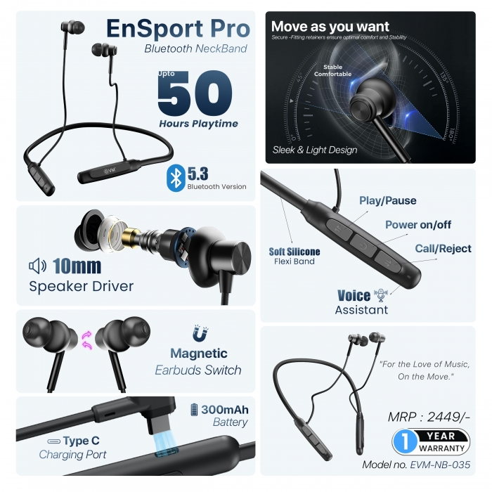 EVM NB-035 EnSport Pro Bluetooth Neckband with Bluetooth V5.2, 50 Hrs Play Time, 10 mm Driver,