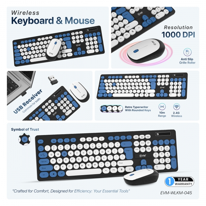 EVM WLKM-045 Wireless keyboard & Mouse Wireless Standard Desktop Keyboard Compatible with Desktop, Laptop, Mac Easy to Use,Plug and Play,Quick, Comfy Durable body