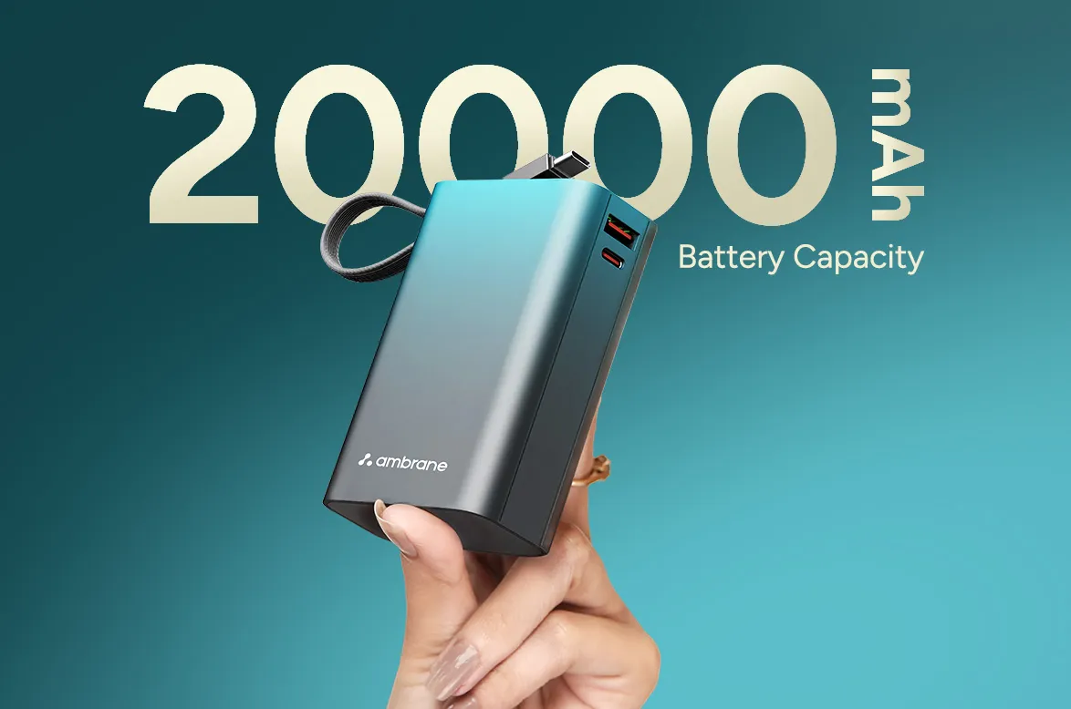 Ambrane MiniCharge -20 (20000mAh Fast Charging 22.5w  Power Bank with in-Built Cable)