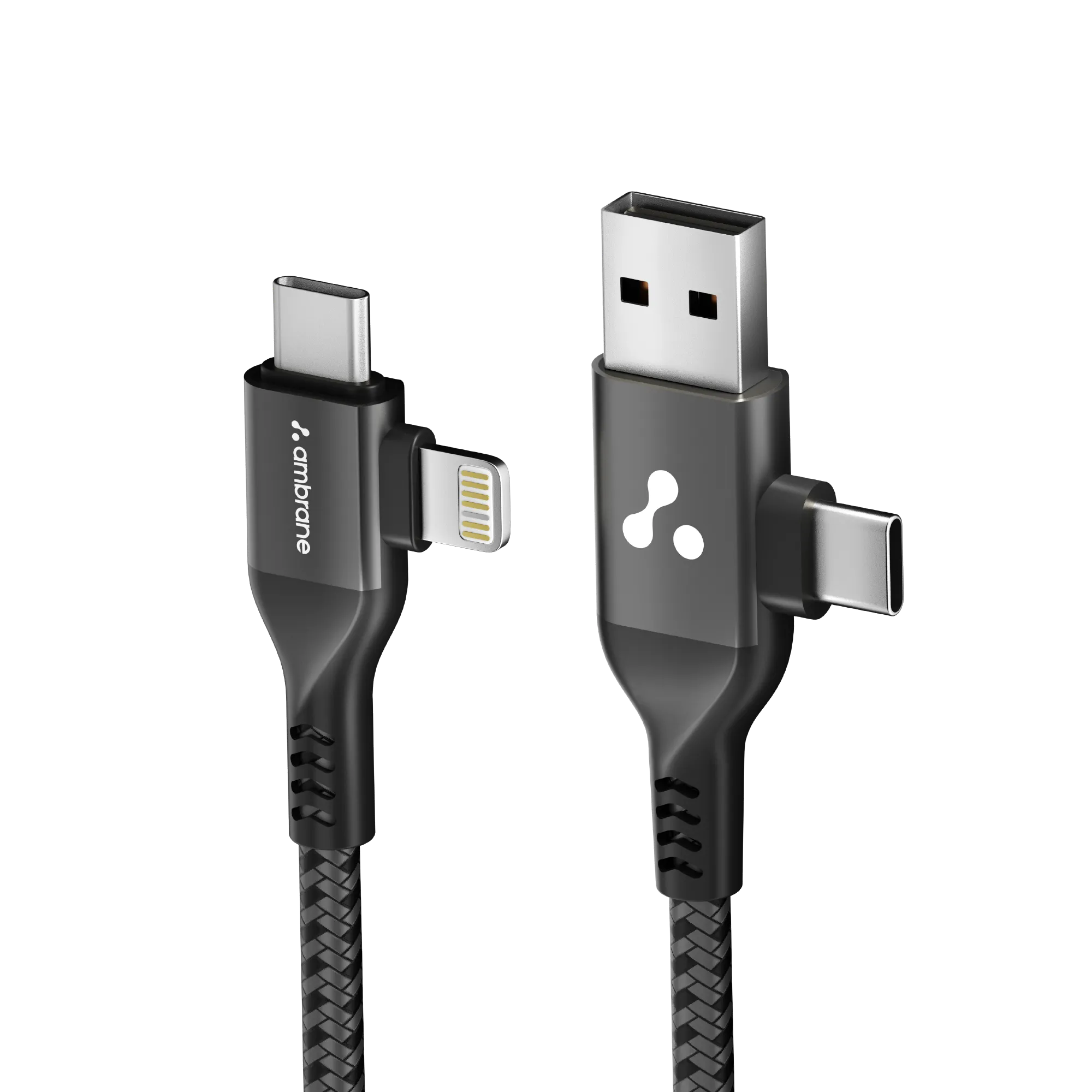 Ambrane 4 In 1 Multi-Functional Charging Cable 60W | Fast Charging & Data Sync | Universal USB, Type-C, Lightning Cable | Compatible With Android, iPhone, Tablets, And USB-C Devices (AC4CL-15, Silver/Black),1M