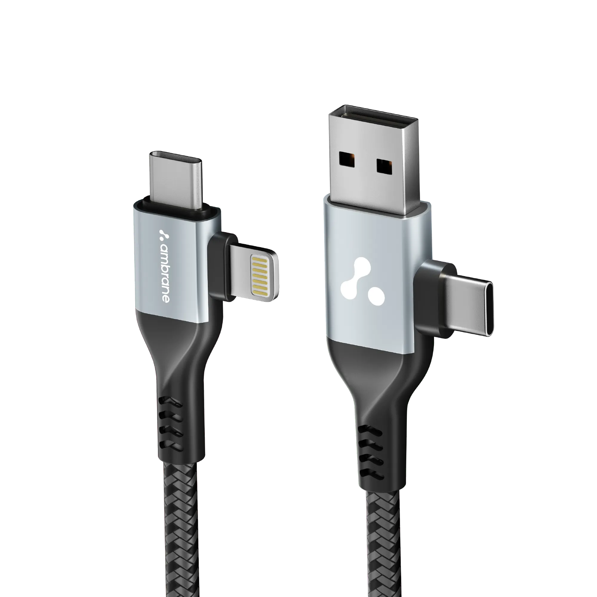 Ambrane 4 In 1 Multi-Functional Charging Cable 60W | Fast Charging & Data Sync | Universal USB, Type-C, Lightning Cable | Compatible With Android, iPhone, Tablets, And USB-C Devices (AC4CL-15, Silver/Black),1M