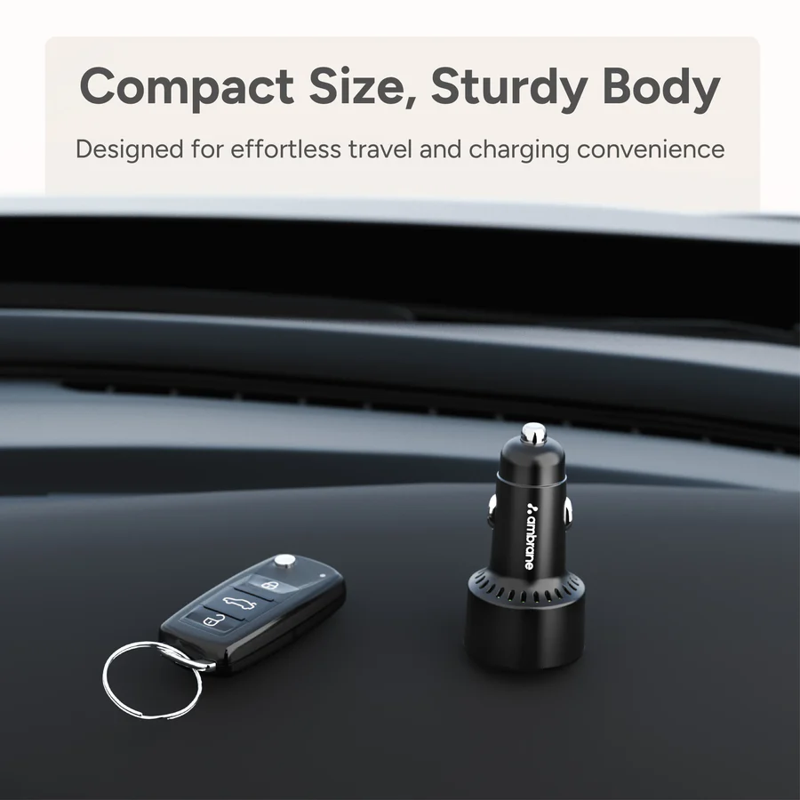 Ambrane 85W Car Charger, Mobile & Laptop Charging (Macbook & Type C Laptops), RGB Light, Dual Port Fast Charging, 65W Type C PD, 20W USB, Works with iPhone, Android, iPad & other Devices (Black, C85R)