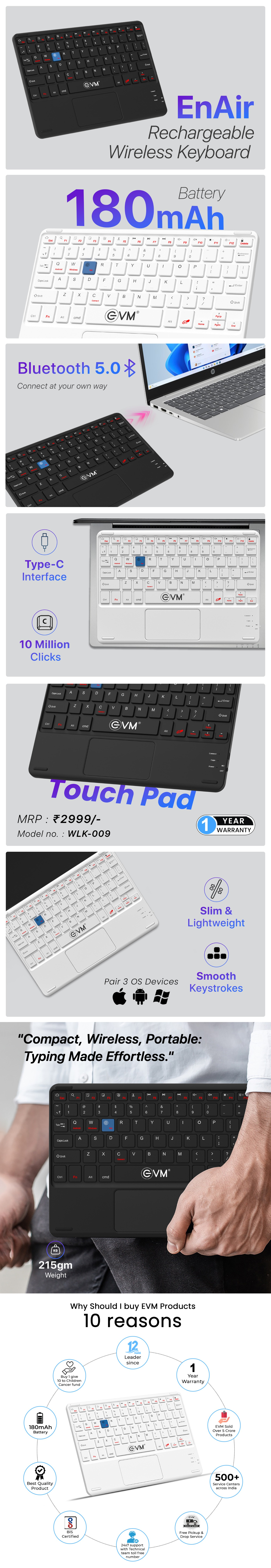 EVM EnAir Wireless Rechargeable Keyboard | Bluetooth 5.0 | Ultra-Slim & Lightweight | 78 Keys Universal Compatibility | Type-C Charging-(WLK-009)