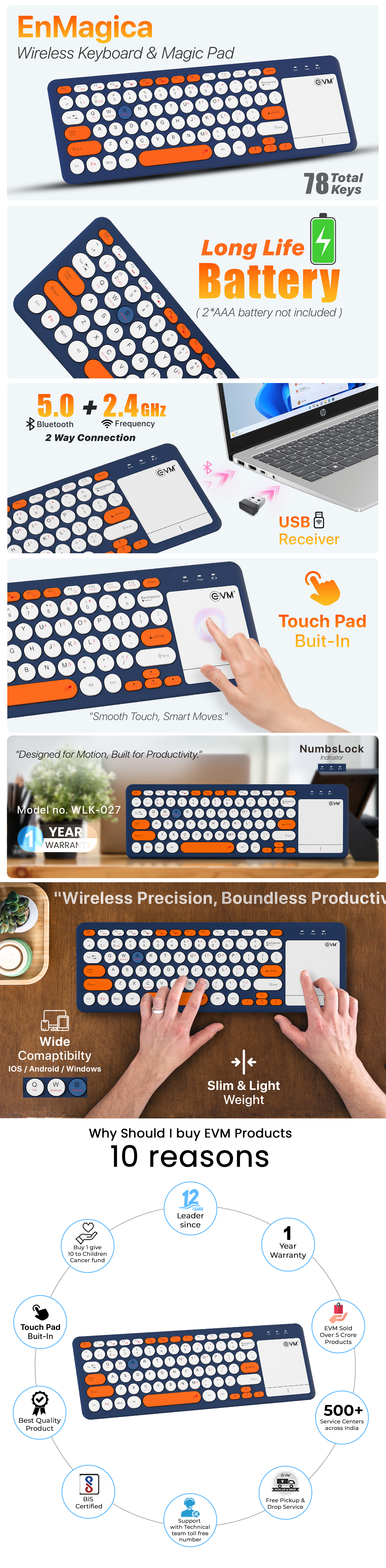 EVM EnMagica Wireless Keyboard 2.4G + Bluetooth 5.0, 78 Keys, Lightweight, USB Receiver, Dual-Mode, Customized Layout, Battery Powered - for Home, Office, Travel -  (EVM-WLK-027)