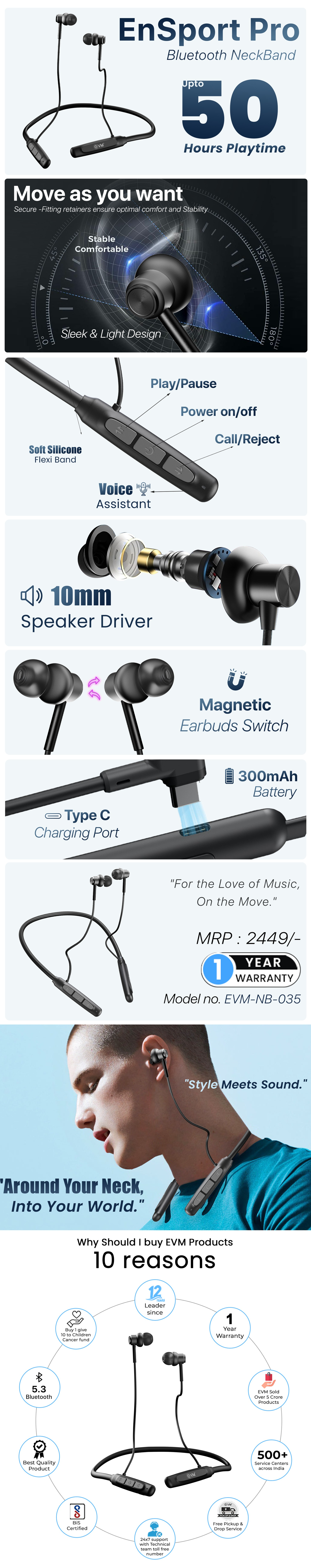 EVM NB-035 EnSport Pro Bluetooth Neckband with Bluetooth V5.2, 50 Hrs Play Time, 10 mm Driver,