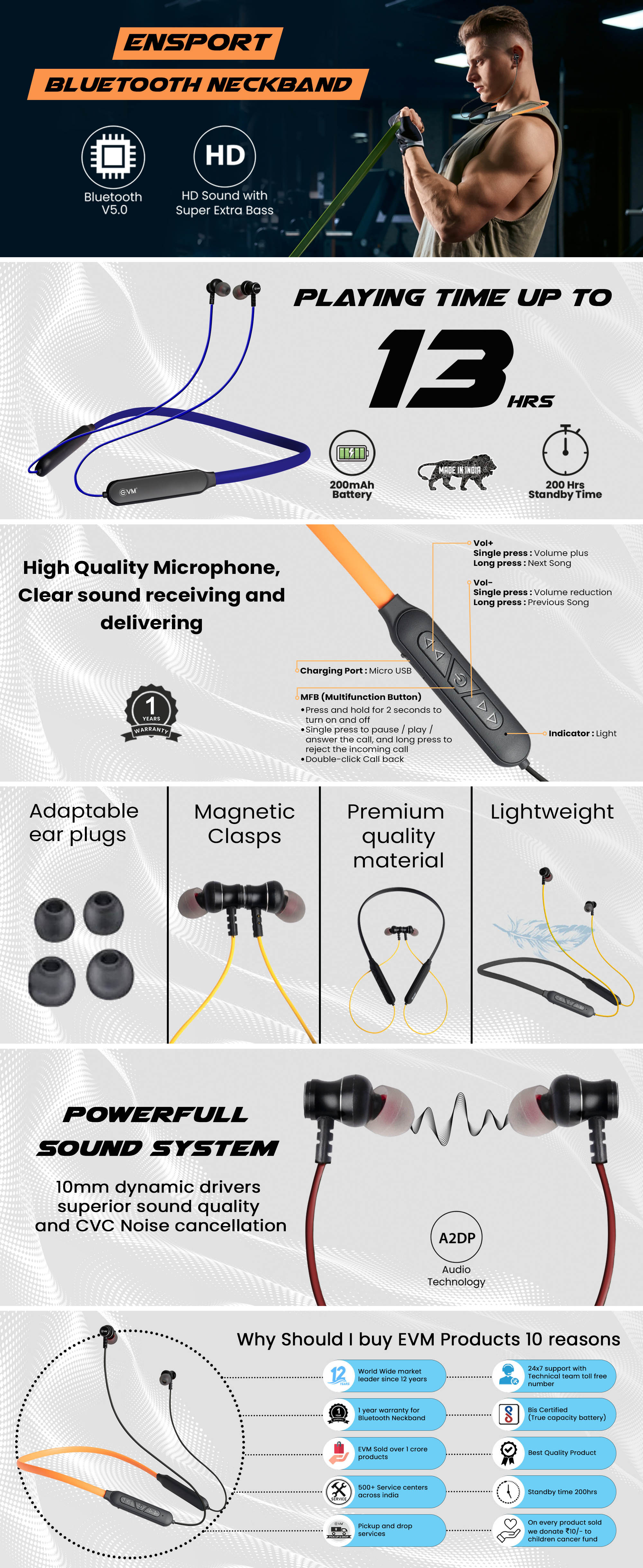EVM Ensport EVM-NB-027 Bluetooth neckband with A2DP Audio Technology, CVC Noise Cancellation Technology (Black )