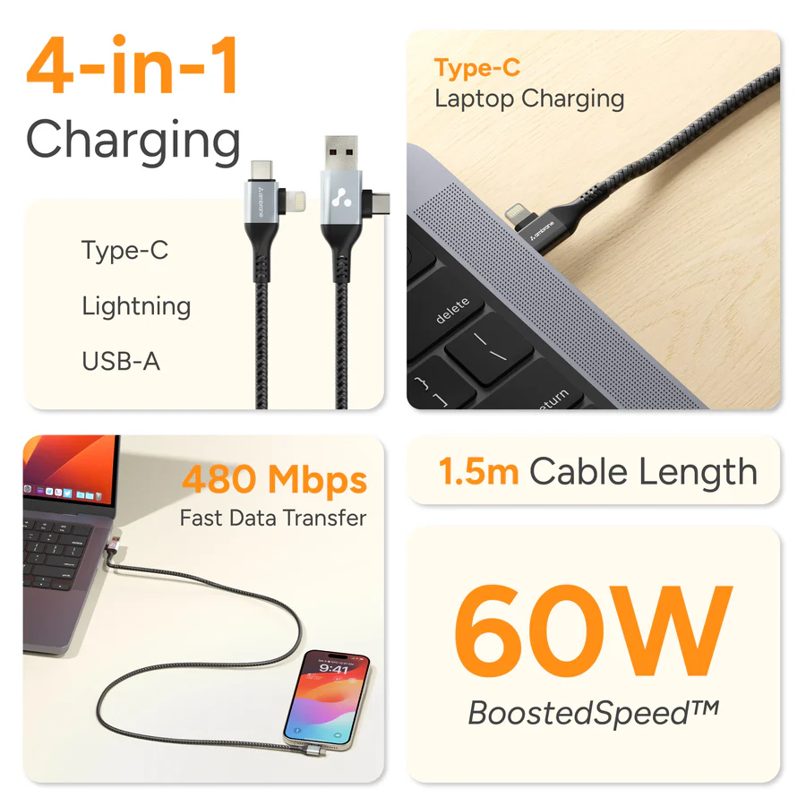 Ambrane 4 In 1 Multi-Functional Charging Cable 60W | Fast Charging & Data Sync | Universal USB, Type-C, Lightning Cable | Compatible With Android, iPhone, Tablets, And USB-C Devices (AC4CL-15, Silver/Black),1M