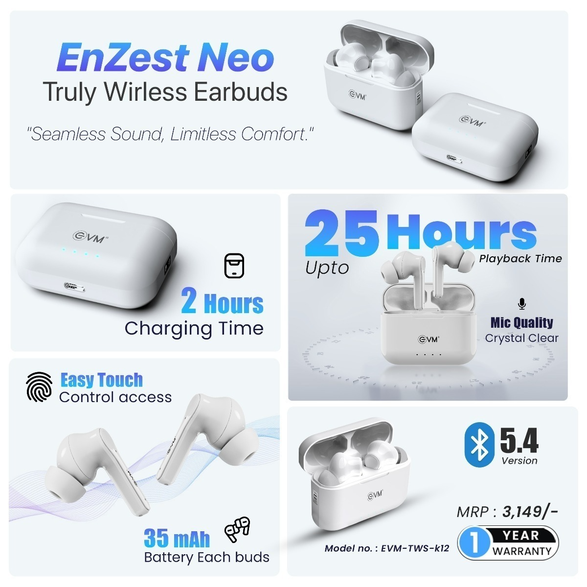EVM EnZest Neo True Wireless Earbuds | Bluetooth 5.4, 8-Hour Playtime, 13mm Drivers, Lightweight & Secure Fit - (EVM-TWS-K12-