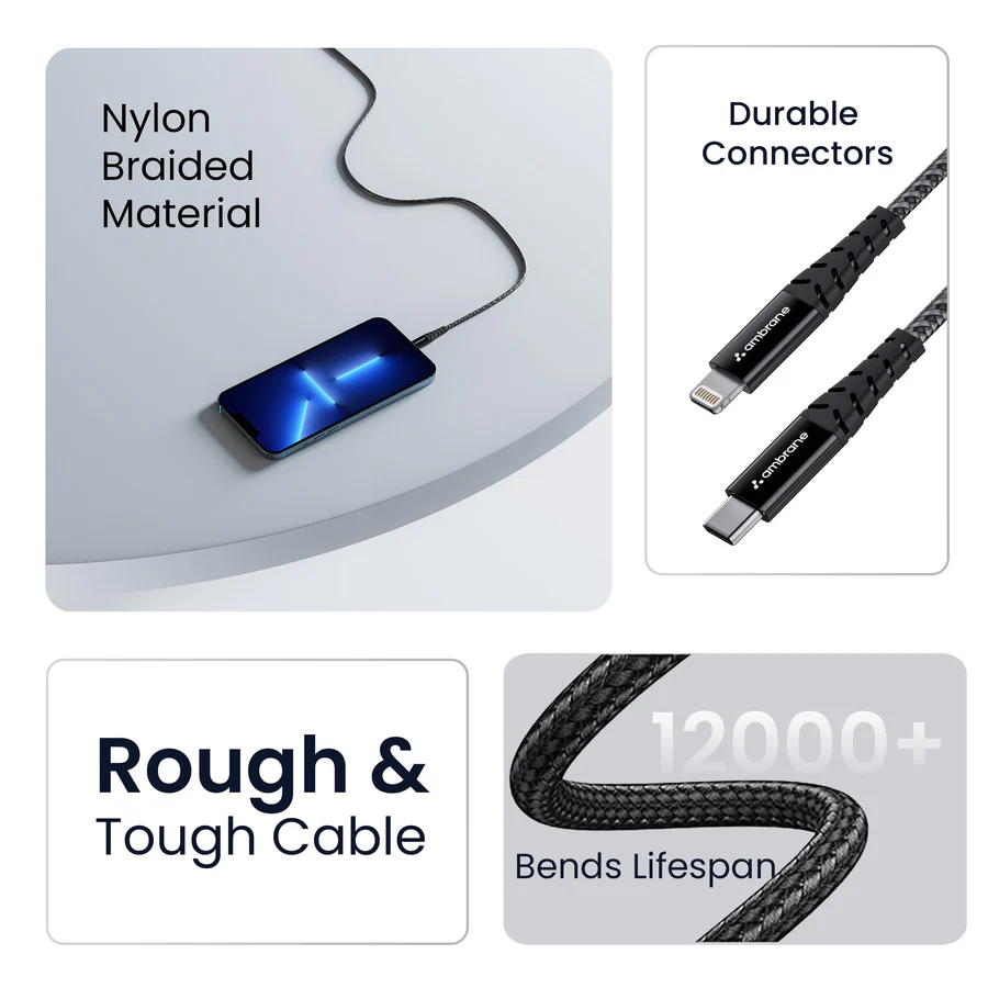 Ambrane Type-C to Lightning USB Cable, 22.5W Fast Charging, 480Mbps Data Sync Cable Compatible with iPhone, iPad, Macbook, iMac, AirPods, 1.25m (ABTL-125 Black)