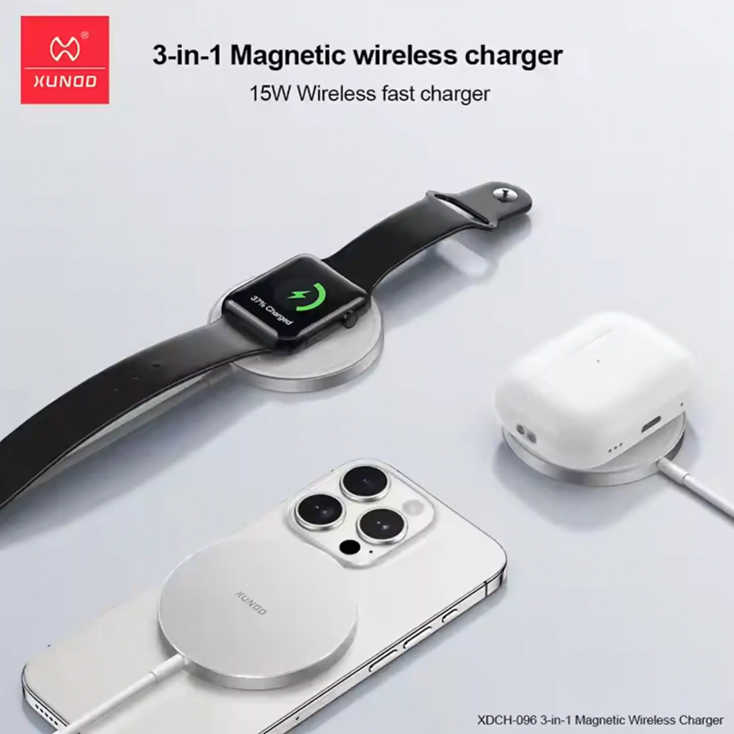 XUNDDD New Design Portable Ultra-thin 15W Fast Charger 3 in 1 Magnetic Wireless Charger With Type-C Cable