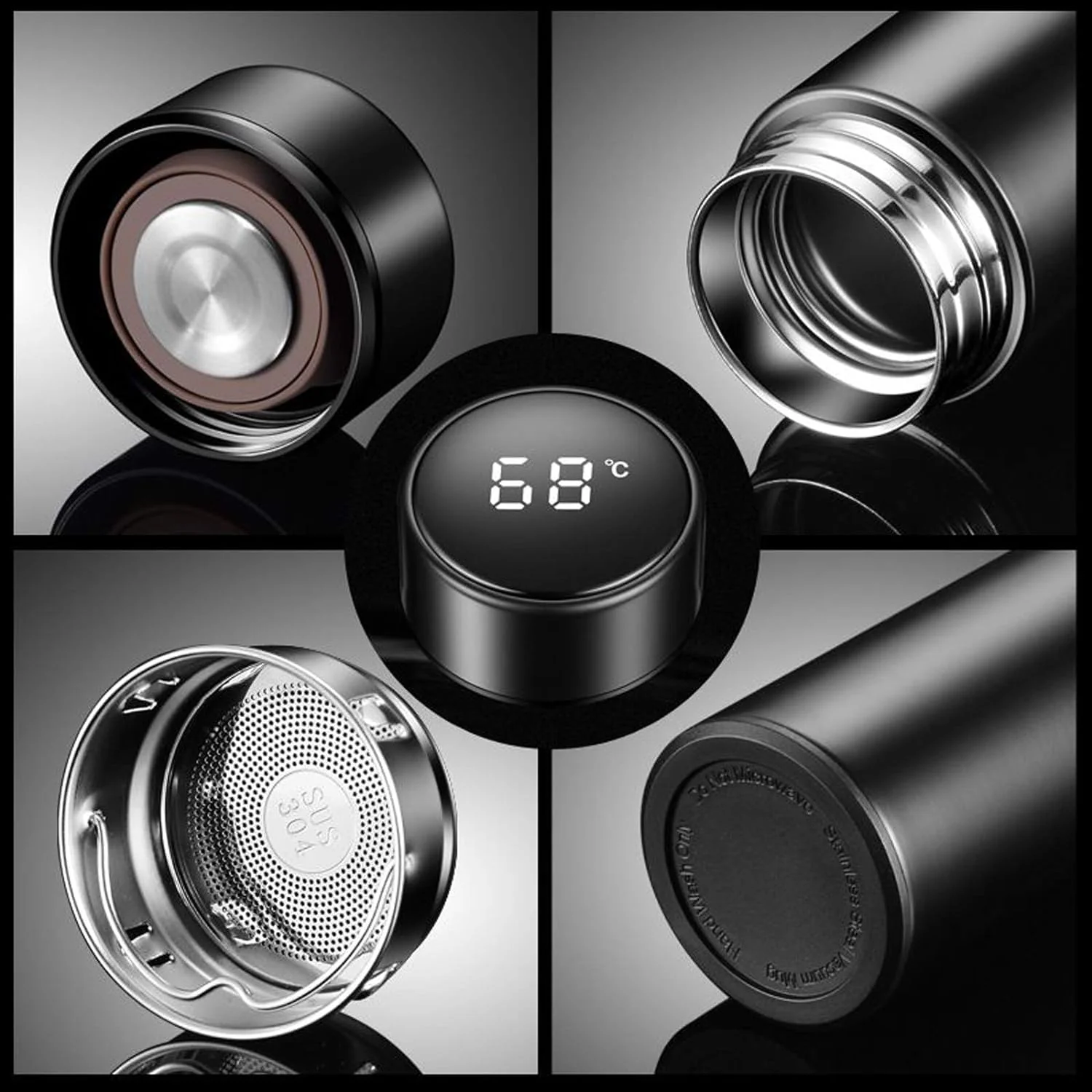 LED Temperature Display Water Bottle, Double Wall Vacuum Insulated, Stainless Steel Vacuum Flask, Smart Water Cup for Hot and Cold Drinks, 500ml, Black