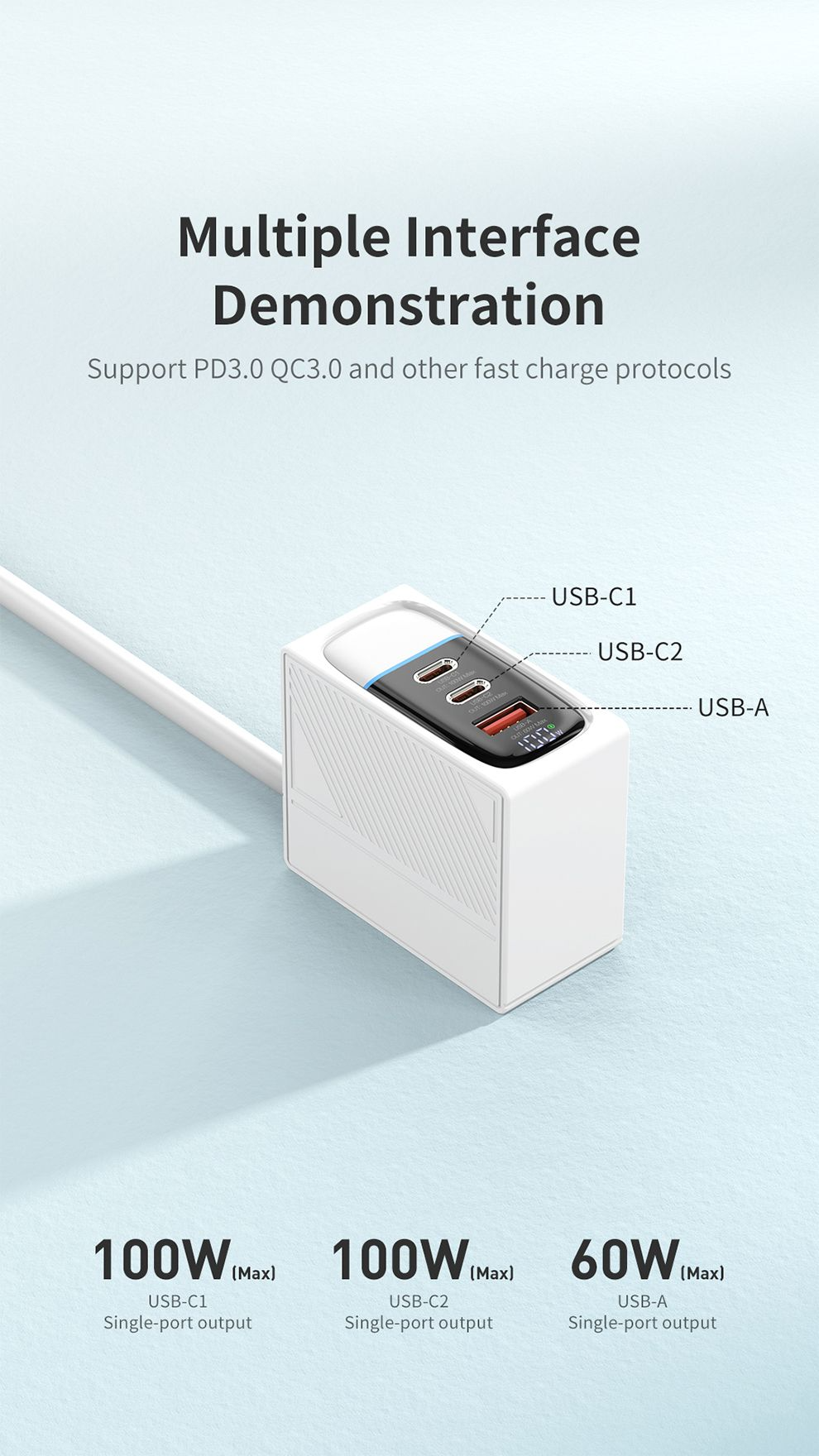 RECCI 100W Fast Charger Digital Display With PD3.0/QC3.0 EU AC Plug [RC80E]