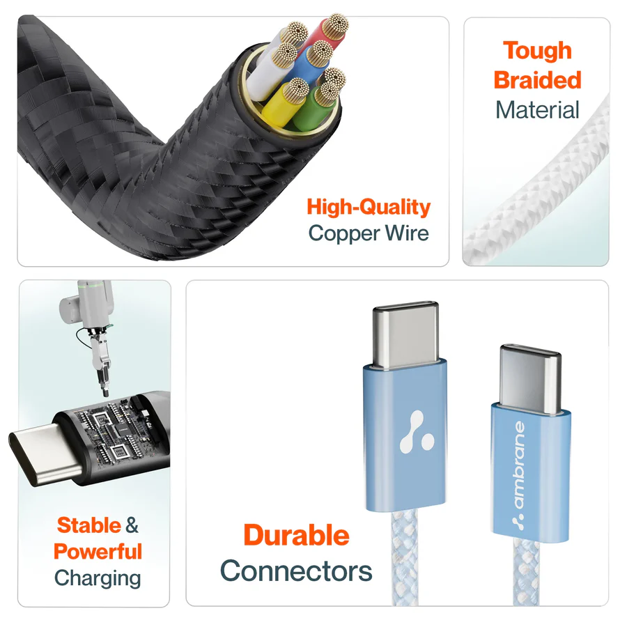 Ambrane 60W Type-C to Type-C Fast Charging Cable for Smartphones, Tablets, Laptops, iPhone 15 & other Type C devices, PD Technology, 480Mbps Data Sync, 1.2M (ABCC-60, Black/White)
