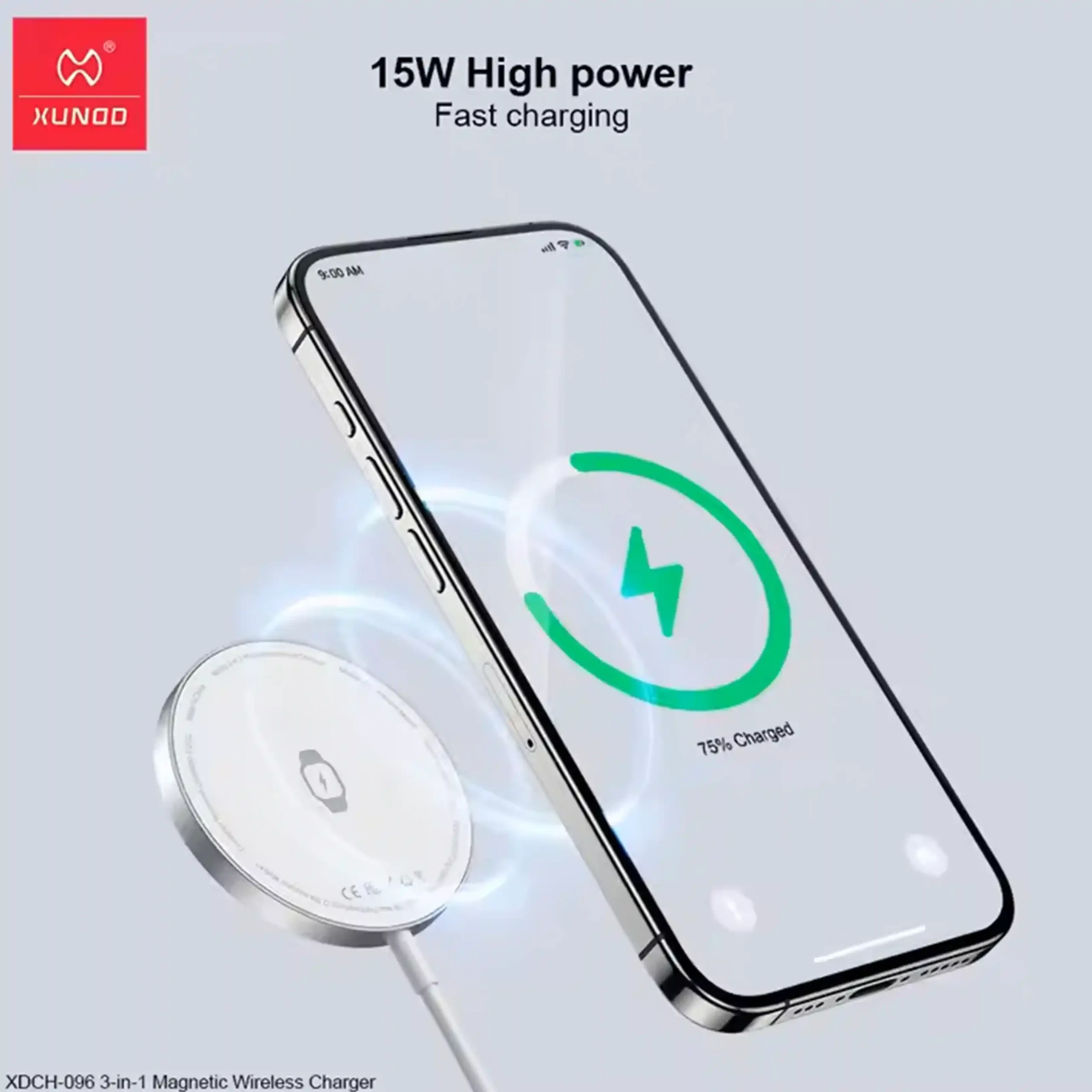 XUNDDD New Design Portable Ultra-thin 15W Fast Charger 3 in 1 Magnetic Wireless Charger With Type-C Cable
