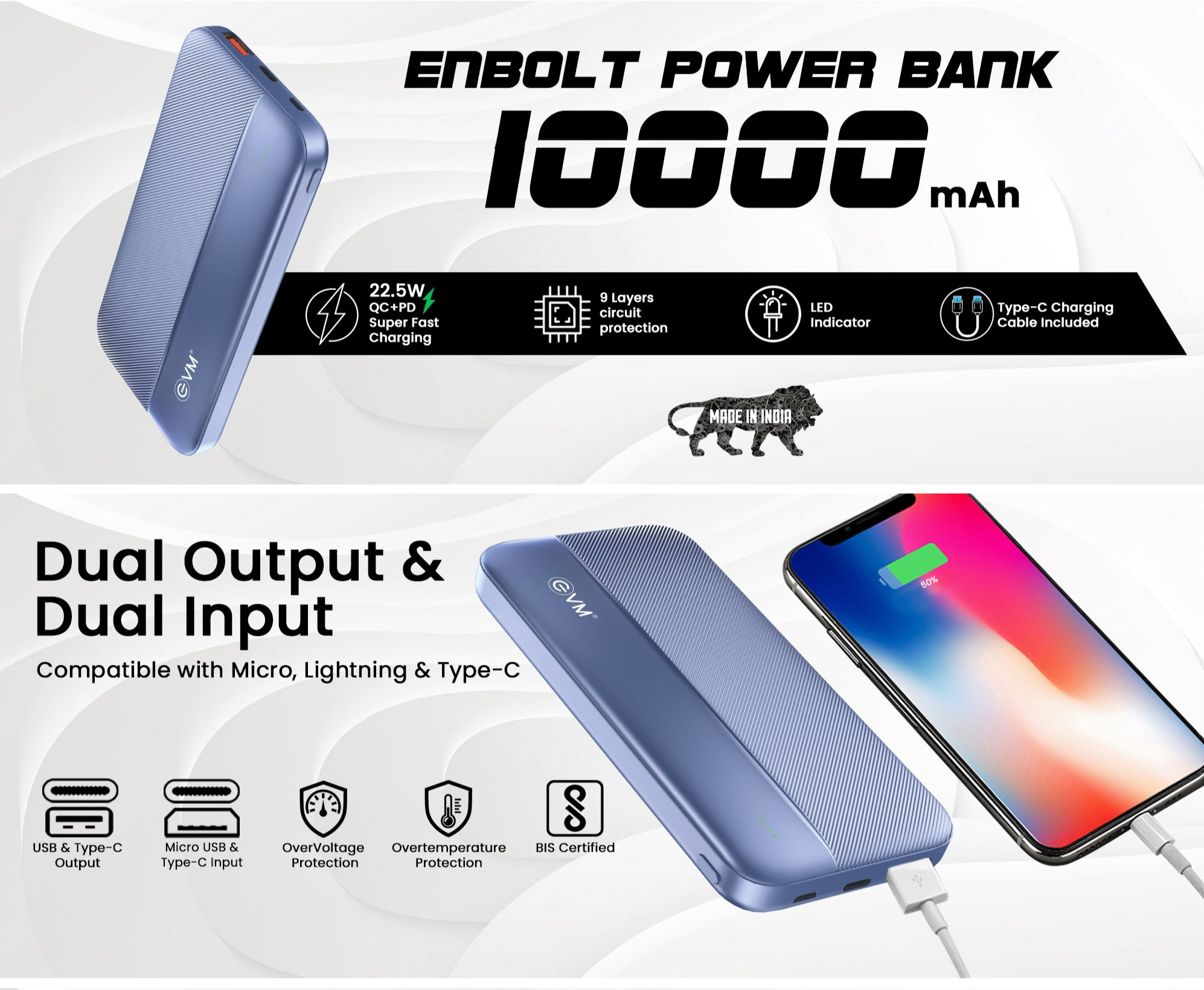 EVM EnBolt 10000 mAh Power Bank with 22.5W QC+PD, Type-C Charging, Dual Output & Dual Input P0208