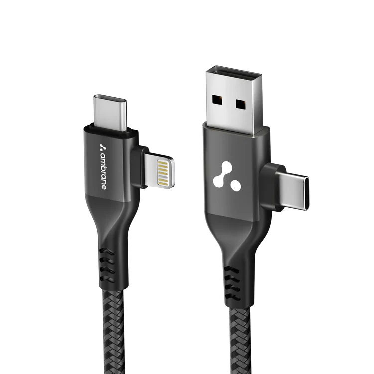 Ambrane 4 In 1 Multi-Functional Charging Cable 60W | Fast Charging & Data Sync | Universal USB, Type-C, Lightning Cable | Compatible With Android, iPhone, Tablets, And USB-C Devices (AC4CL-15, Silver/Black),1M