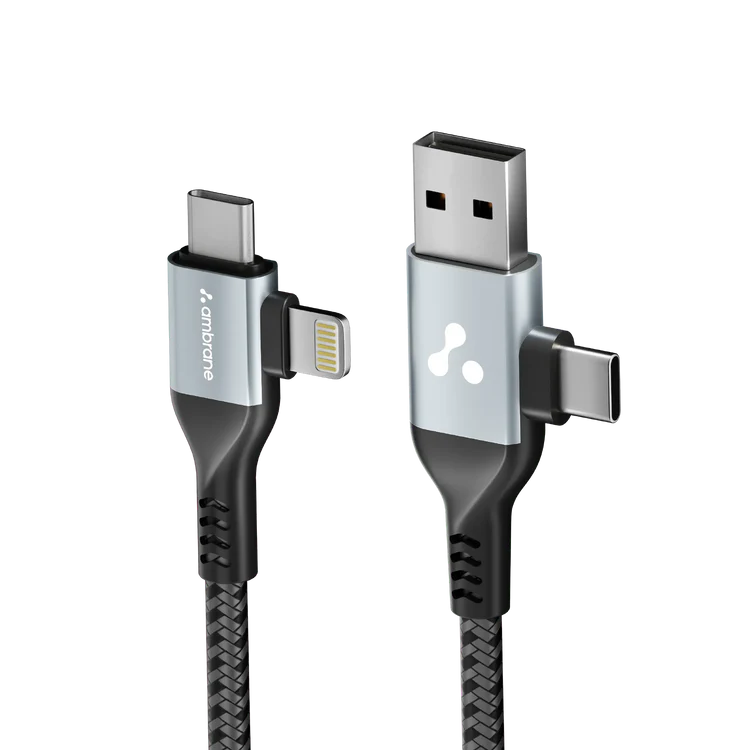 Ambrane 4 In 1 Multi-Functional Charging Cable 60W | Fast Charging & Data Sync | Universal USB, Type-C, Lightning Cable | Compatible With Android, iPhone, Tablets, And USB-C Devices (AC4CL-15, Silver/Black),1M