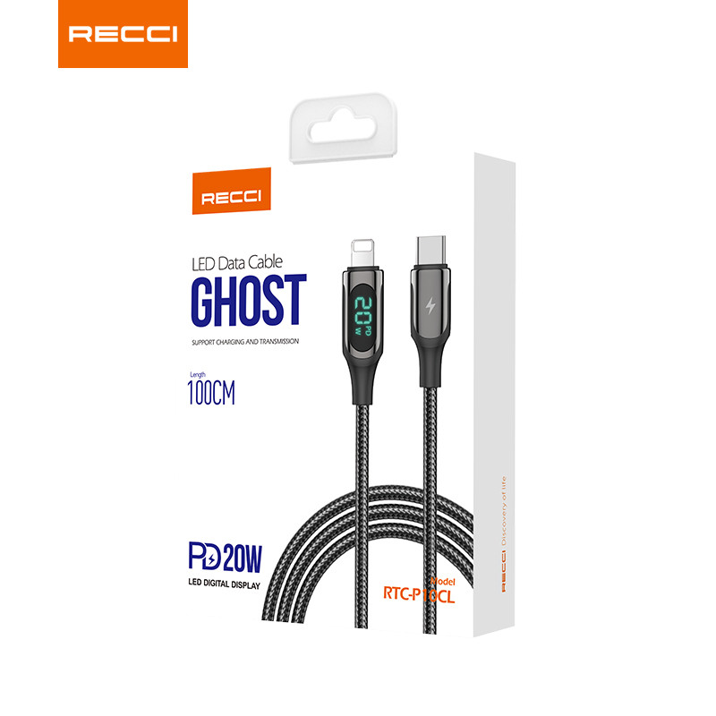 RECCI RTC-P21CL PD 20W FAST CHARGING CABLE 1.2M - BLACK( TYPE-C TO LIGHTNING)