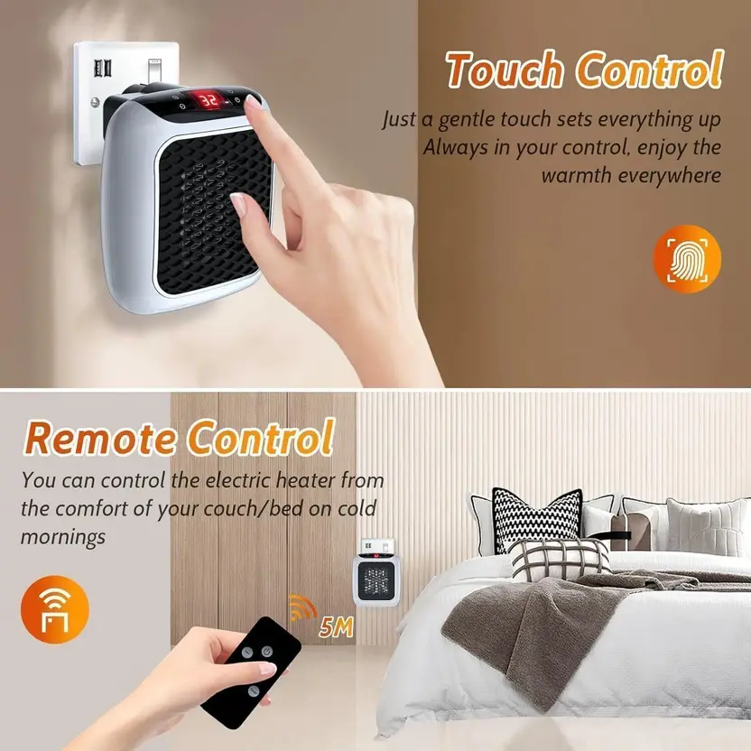 Electric Handy Heater Wall-Outlet 800 Watts with Temperature Control Remote Fan Room Heater