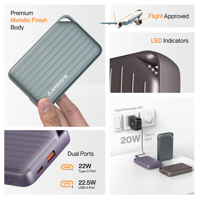Ambrane Line 10 - 10000mAh Small Fast Charging Pocket Power Bank