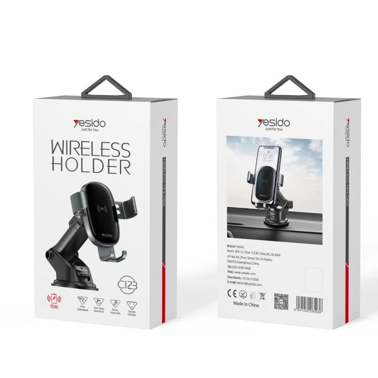 Yesido C123 Double Base Car Mobile Phone Holder | Charger With 10W 15W Qi Wireless Charging