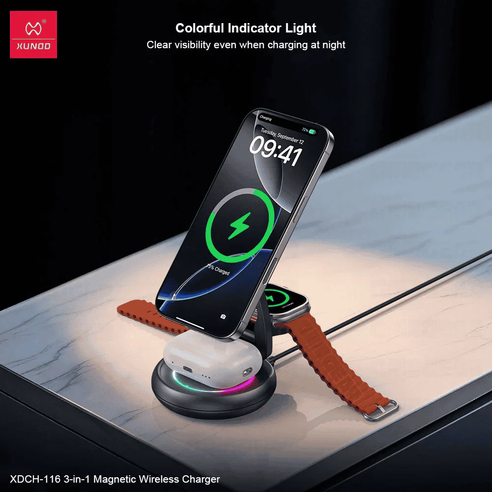 Xundd XDCH-116 3-in-1 Wireless Charger Foldable & Rotatable Fast Charging Dock for iPhone, AirPods & Apple Watch