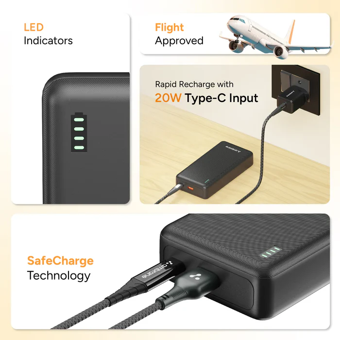 Ambrane Xtreme 20K 20000mAh Fast Charging Power Bank with in-Built Cable